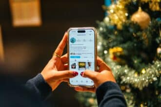 Main tenant un téléphone devant un sapin décoré, affichant un profil Instagram. Pourquoi les chats sentent bon n'est pas abordé ici.