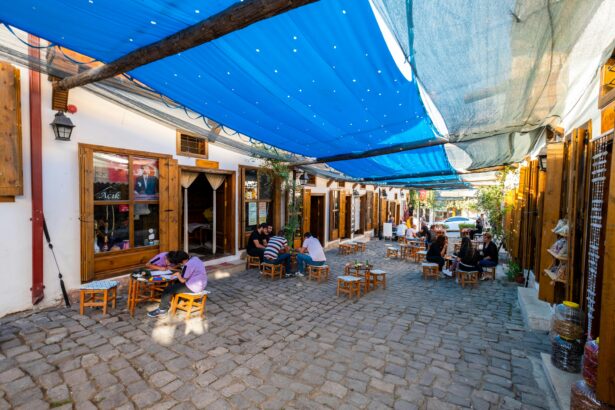 Terrasse de café animée sous un ciel bleu, des gens discutent autour de petites tables. Pourquoi les chats ronronne n'est pas évoqué ici.
