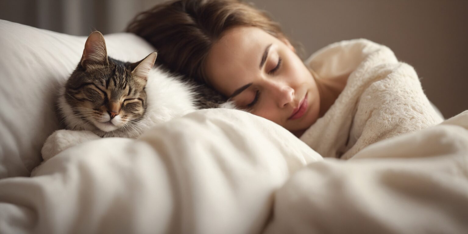 Femme dormant paisiblement avec un chat endormi blotti contre elle sous une couverture blanche, illustrant un moment de tendresse.