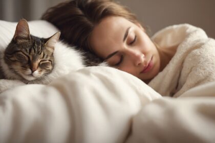 Femme dormant paisiblement avec un chat endormi blotti contre elle sous une couverture blanche, illustrant un moment de tendresse.