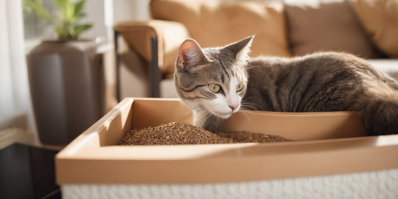 Chat tigré dans une litière propre en bois recyclé, dans un salon lumineux avec canapé beige et plante verte en arrière-plan.