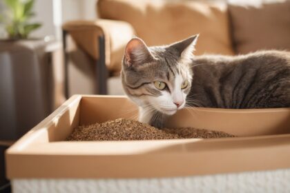 Chat tigré dans une litière propre en bois recyclé, dans un salon lumineux avec canapé beige et plante verte en arrière-plan.
