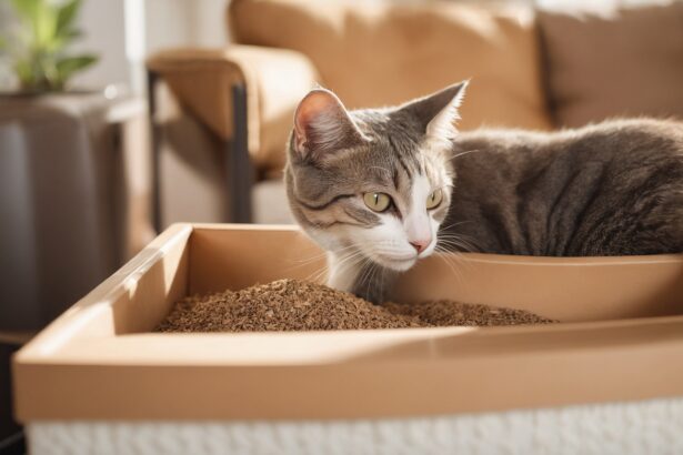 Chat tigré dans une litière propre en bois recyclé, dans un salon lumineux avec canapé beige et plante verte en arrière-plan.