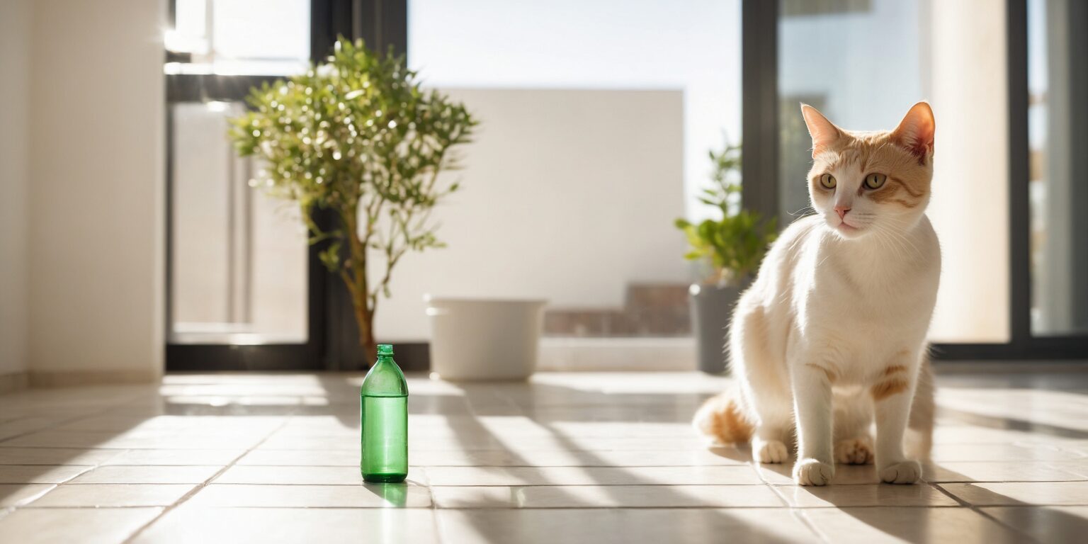 Chat blanc et roux assis au soleil près d'une bouteille verte sur un sol carrelé, dans un intérieur lumineux avec plantes.