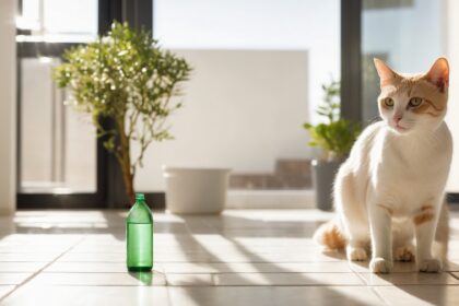 Chat blanc et roux assis au soleil près d'une bouteille verte sur un sol carrelé, dans un intérieur lumineux avec plantes.