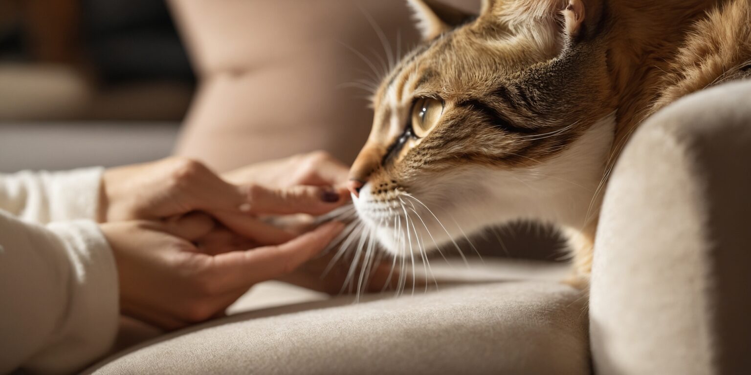 Chat tigré reniflant doucement les doigts d'une personne assise sur un canapé beige, dans une ambiance calme et chaleureuse.