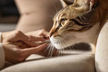 Chat tigré reniflant doucement les doigts d'une personne assise sur un canapé beige, dans une ambiance calme et chaleureuse.