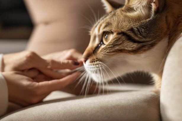 Chat tigré reniflant doucement les doigts d'une personne assise sur un canapé beige, dans une ambiance calme et chaleureuse.
