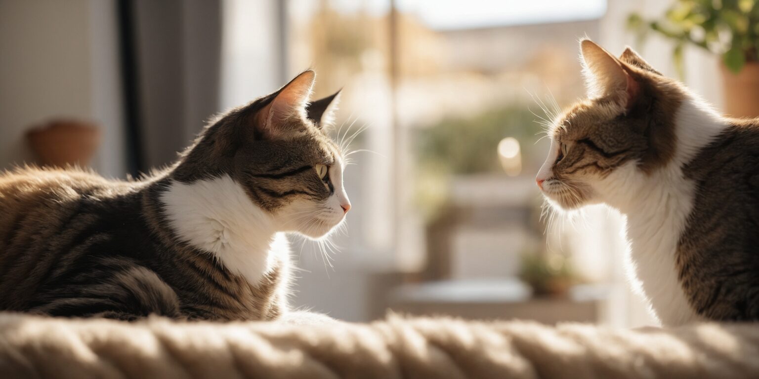 Deux chats tigrés se font face sur un canapé ensoleillé, dans une ambiance calme et chaleureuse.