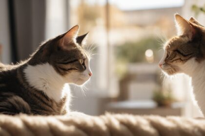 Deux chats tigrés se font face sur un canapé ensoleillé, dans une ambiance calme et chaleureuse.