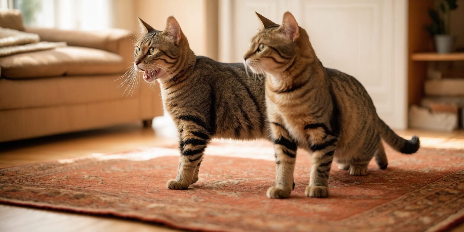 Chat tigré à deux têtes debout sur un tapis rouge dans un salon lumineux, effet visuel surprenant et surréaliste.