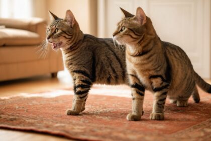 Chat tigré à deux têtes debout sur un tapis rouge dans un salon lumineux, effet visuel surprenant et surréaliste.