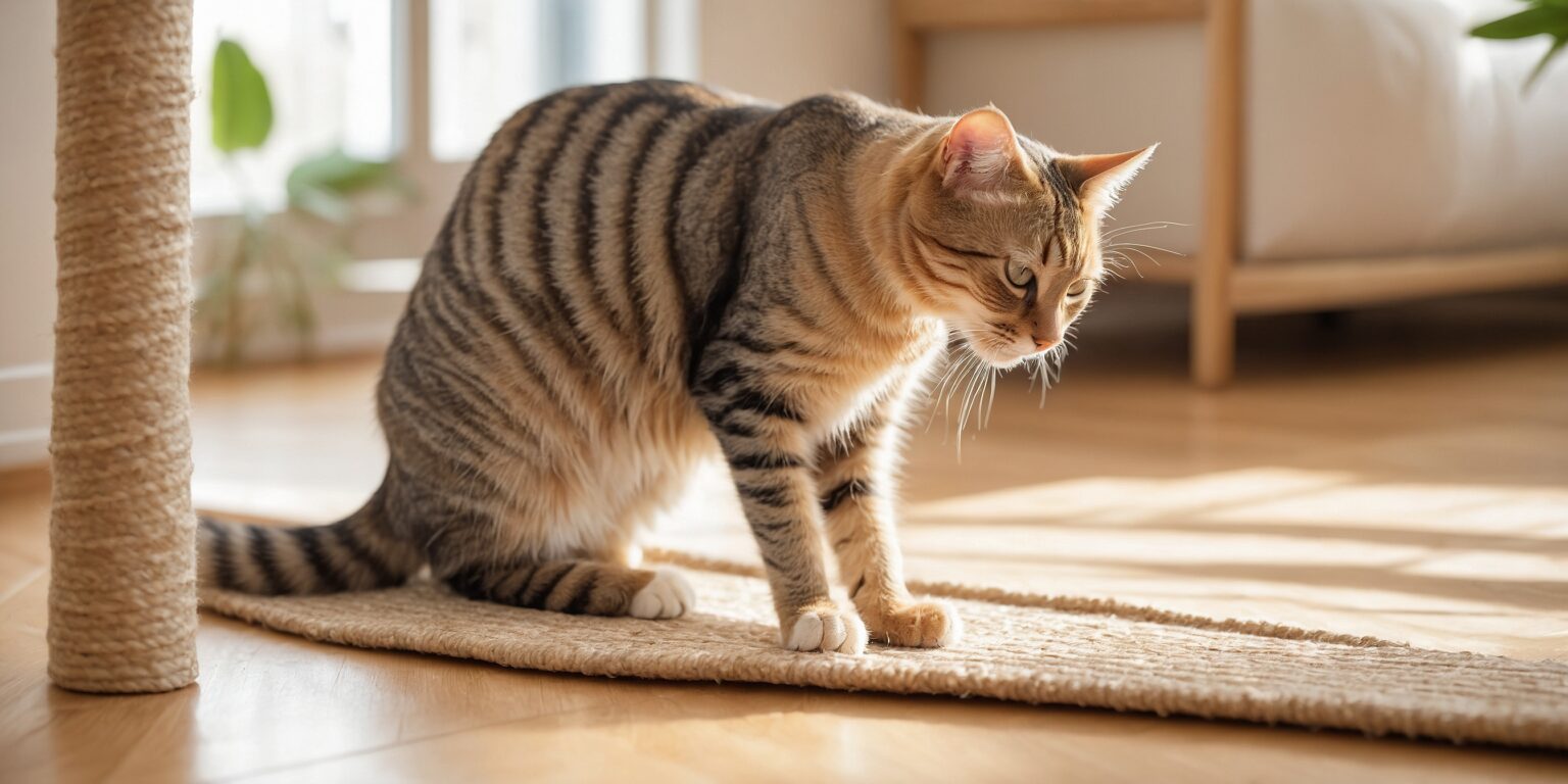 Chat tigré debout sur un tapis beige, observant attentivement près d’un griffoir dans un salon lumineux.