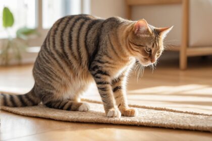 Chat tigré debout sur un tapis beige, observant attentivement près d’un griffoir dans un salon lumineux.