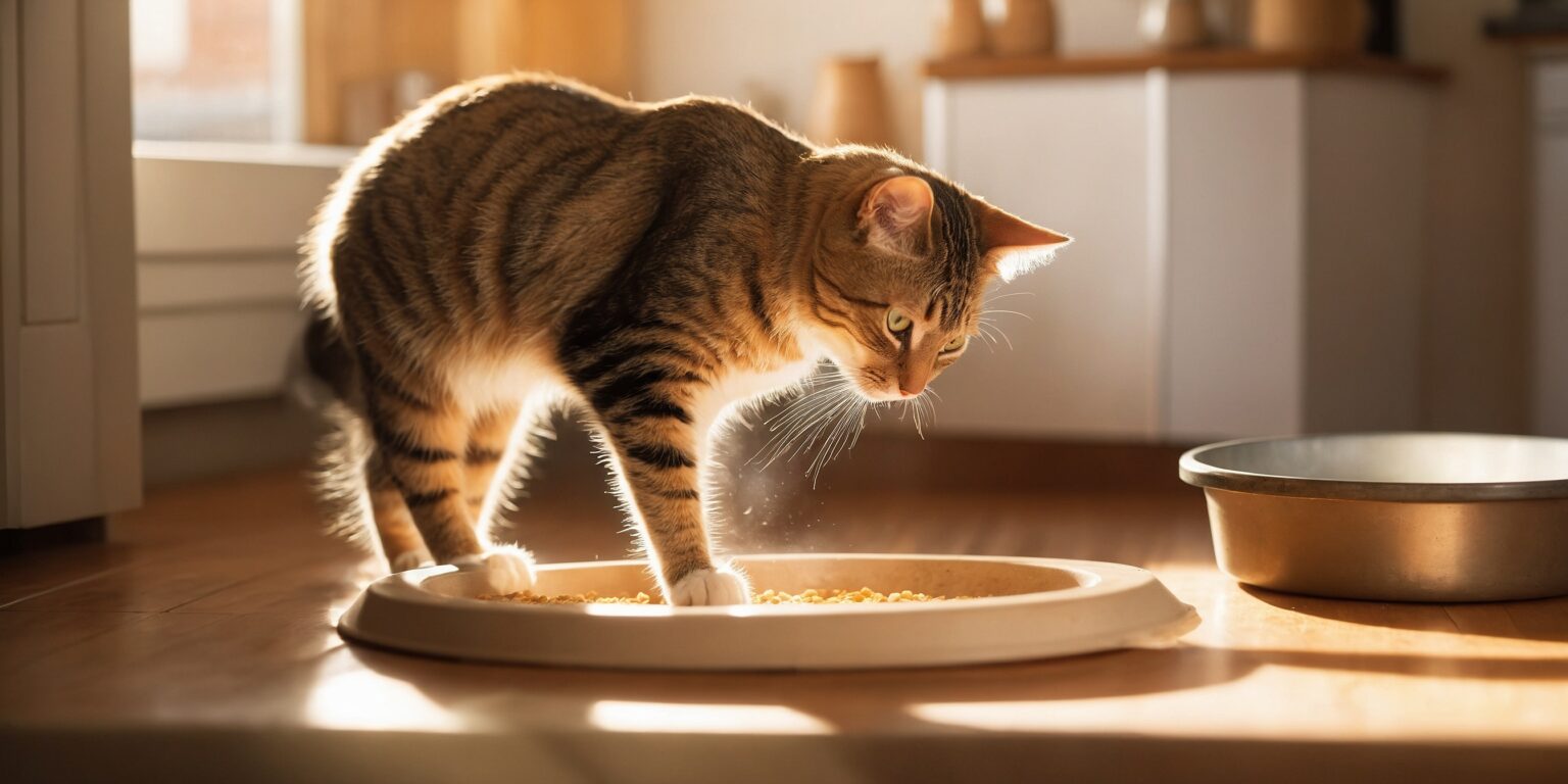 Chat tigré concentré sur sa gamelle de croquettes dans une cuisine ensoleillée, illustrant un moment de repas pour chat.