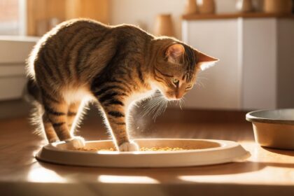 Chat tigré concentré sur sa gamelle de croquettes dans une cuisine ensoleillée, illustrant un moment de repas pour chat.