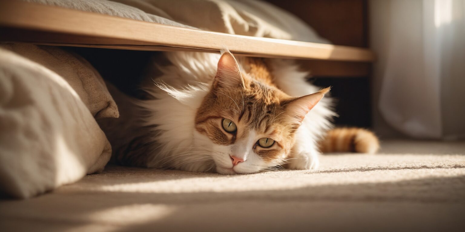Chat roux et blanc allongé sous un lit en bois, regardant calmement la lumière du jour filtrant par une fenêtre.