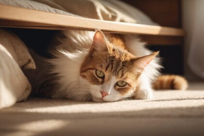 Chat roux et blanc allongé sous un lit en bois, regardant calmement la lumière du jour filtrant par une fenêtre.