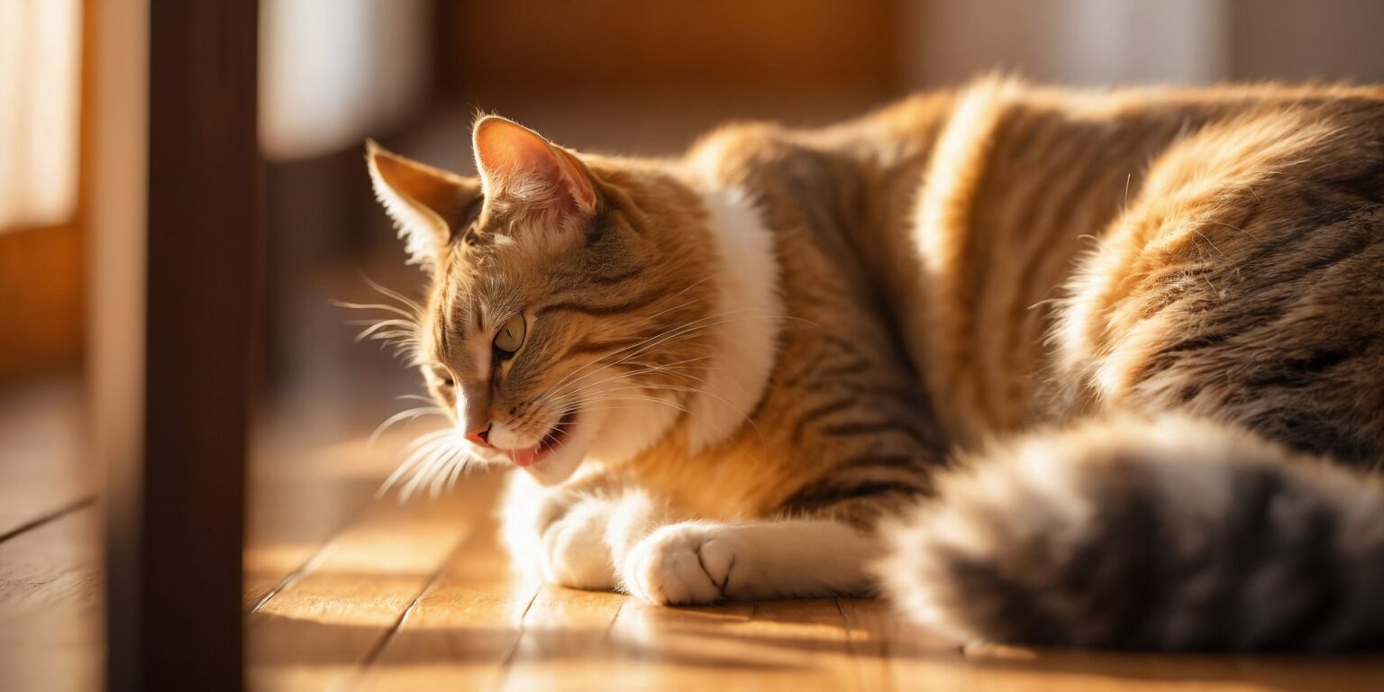 Chat tigré allongé au soleil sur un sol en bois, les yeux mi-clos et la bouche entrouverte, profitant de la chaleur.