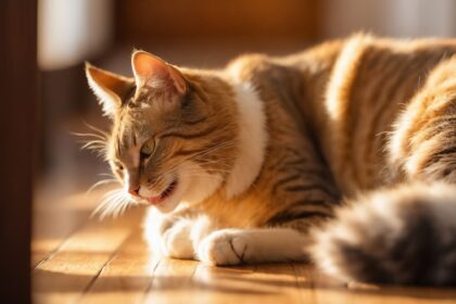Chat tigré allongé au soleil sur un sol en bois, les yeux mi-clos et la bouche entrouverte, profitant de la chaleur.