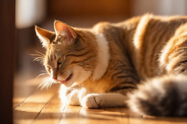 Chat tigré allongé au soleil sur un sol en bois, les yeux mi-clos et la bouche entrouverte, profitant de la chaleur.