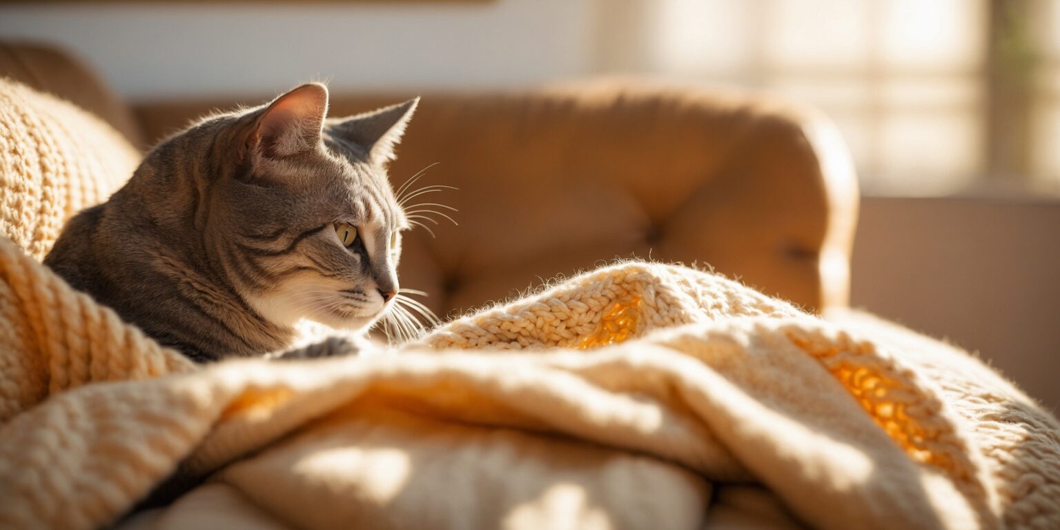 Chat tigré allongé sur un canapé en cuir, blotti dans une couverture en laine beige, baigné par la lumière du soleil.