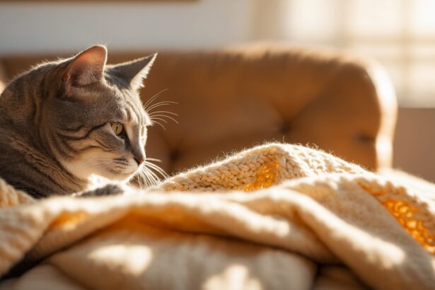 Chat tigré allongé sur un canapé en cuir, blotti dans une couverture en laine beige, baigné par la lumière du soleil.