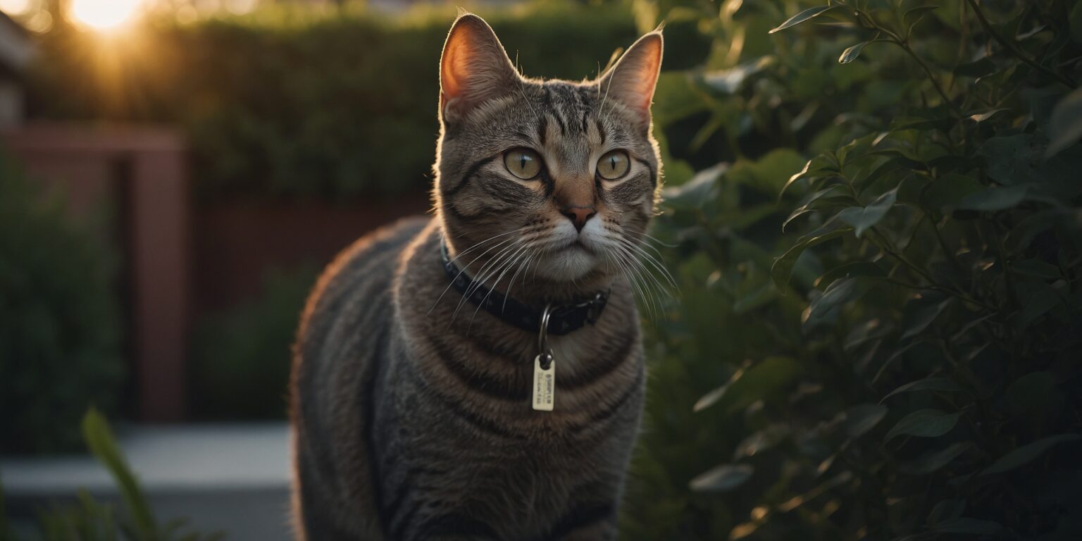 Chat tigré au collier noir observant attentivement son environnement dans un jardin au coucher du soleil.