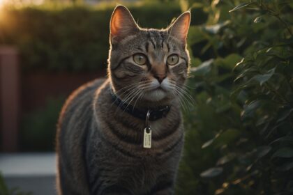 Chat tigré au collier noir observant attentivement son environnement dans un jardin au coucher du soleil.