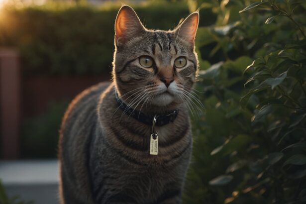 Chat tigré au collier noir observant attentivement son environnement dans un jardin au coucher du soleil.