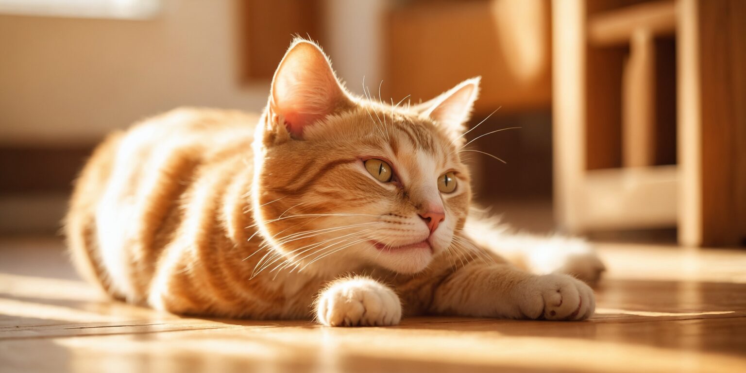 Chat tigré roux allongé au soleil sur un sol en bois, regardant paisiblement vers la droite dans une ambiance chaleureuse.