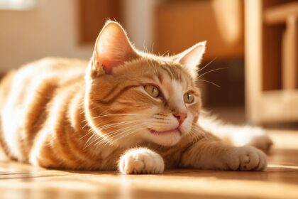 Chat tigré roux allongé au soleil sur un sol en bois, regardant paisiblement vers la droite dans une ambiance chaleureuse.