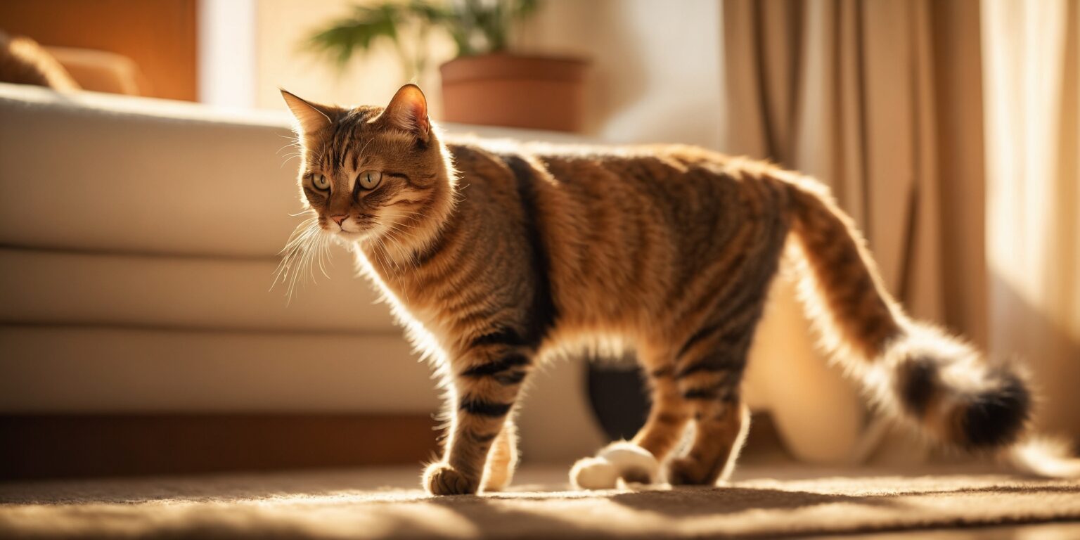 Chat tigré marchant dans un salon ensoleillé, éclairé par la lumière naturelle filtrée à travers les rideaux.
