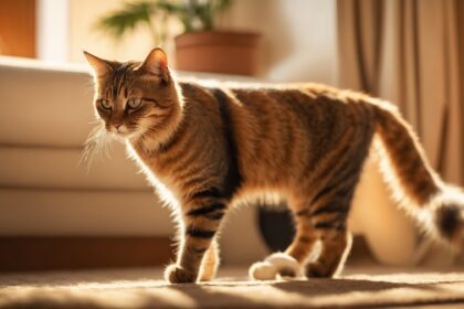 Chat tigré marchant dans un salon ensoleillé, éclairé par la lumière naturelle filtrée à travers les rideaux.