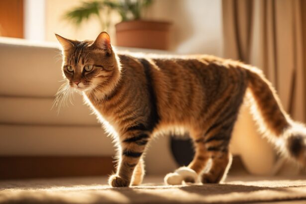 Chat tigré marchant dans un salon ensoleillé, éclairé par la lumière naturelle filtrée à travers les rideaux.