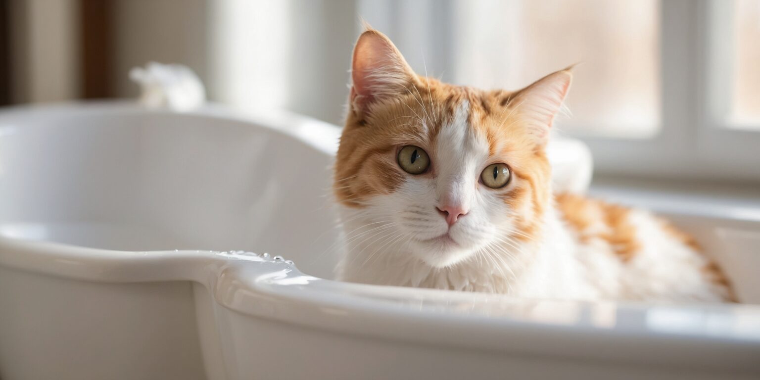 Chat roux et blanc aux yeux dorés allongé dans une baignoire blanche, éclairé par la lumière naturelle d’une fenêtre.