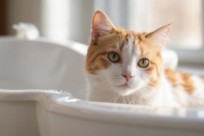 Chat roux et blanc aux yeux dorés allongé dans une baignoire blanche, éclairé par la lumière naturelle d’une fenêtre.