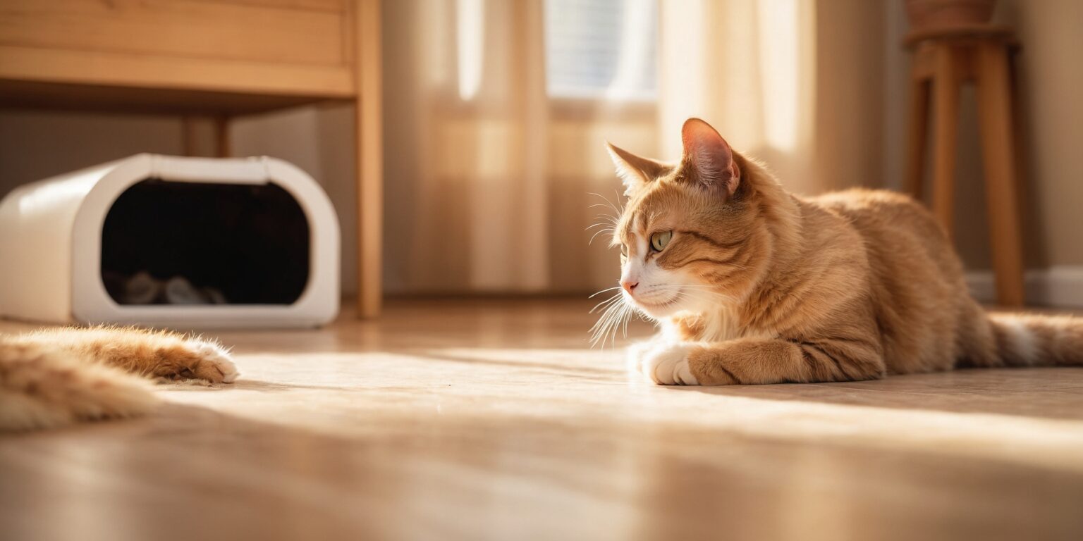 Chat roux allongé au sol ensoleillé, observant une patte de chat près d'une niche blanche dans un intérieur chaleureux.
