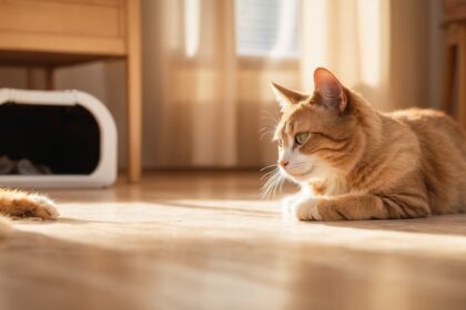 Chat roux allongé au sol ensoleillé, observant une patte de chat près d'une niche blanche dans un intérieur chaleureux.