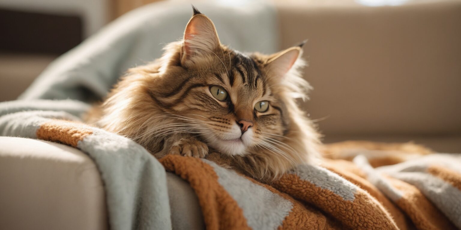 Chat à poil long allongé sur une couverture douce, regardant au loin dans une ambiance calme et chaleureuse.