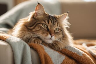 Chat à poil long allongé sur une couverture douce, regardant au loin dans une ambiance calme et chaleureuse.