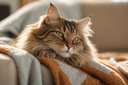 Chat à poil long allongé sur une couverture douce, regardant au loin dans une ambiance calme et chaleureuse.