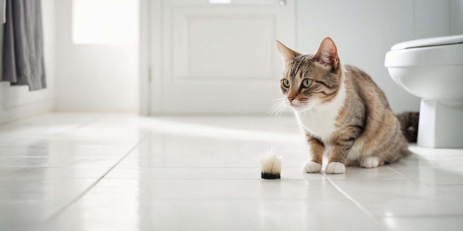 Chat tigré assis sur un sol carrelé blanc, fixant une touffe de poils tombée près de lui dans une salle de bain lumineuse.