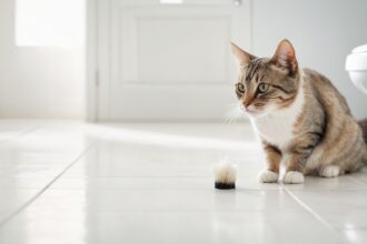 Chat tigré assis sur un sol carrelé blanc, fixant une touffe de poils tombée près de lui dans une salle de bain lumineuse.