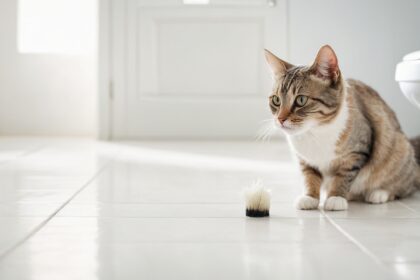 Chat tigré assis sur un sol carrelé blanc, fixant une touffe de poils tombée près de lui dans une salle de bain lumineuse.