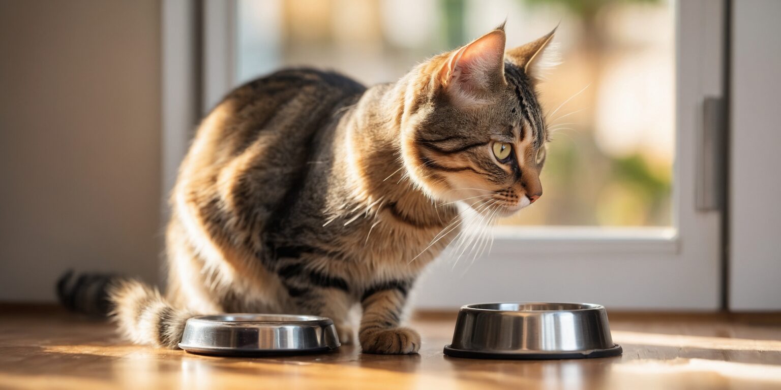 Chat tigré observant attentivement deux gamelles en métal sur le sol, éclairé par la lumière du jour près d'une fenêtre.