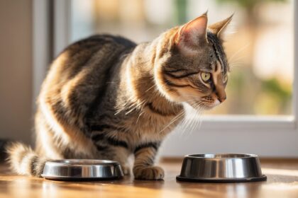 Chat tigré observant attentivement deux gamelles en métal sur le sol, éclairé par la lumière du jour près d'une fenêtre.