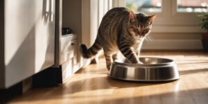 Chat tigré marchant près d'une gamelle en métal dans une cuisine lumineuse.