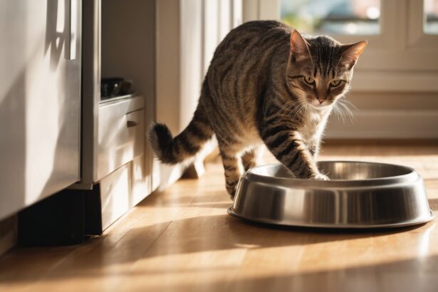 Chat tigré marchant près d'une gamelle en métal dans une cuisine lumineuse.