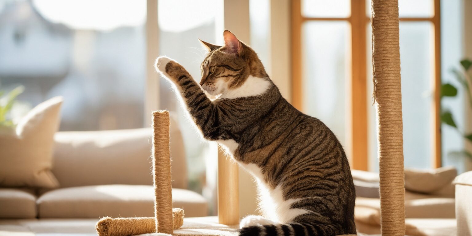 Chat tigré joue sur un arbre à chat en bois et sisal, éclairé par le soleil à travers une fenêtre.